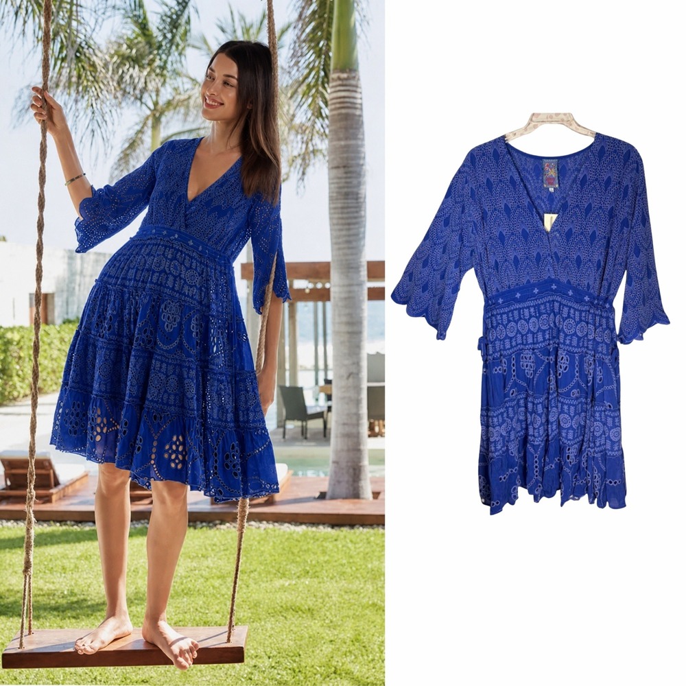 NEW Johnny Was Bluebelle Eyelet Embroidered Tiered Dress Blue 2X Boho NWT - Picture 1 of 12